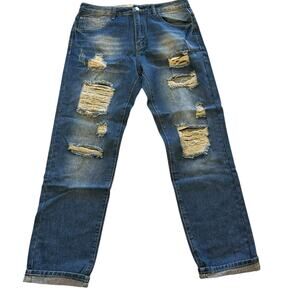 Classic Straight Leg Distressed Jeans - Blue